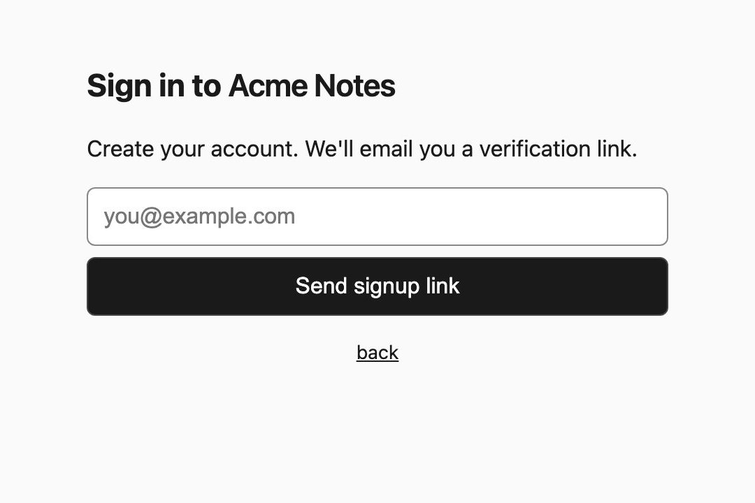 Create your account: an email field and a Send signup link button, with a back link