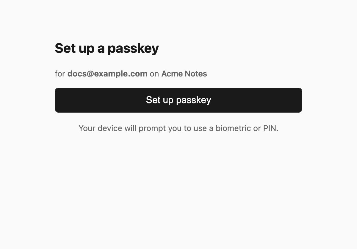 Set up a passkey for docs@example.com on Acme Notes, with a Set up passkey button