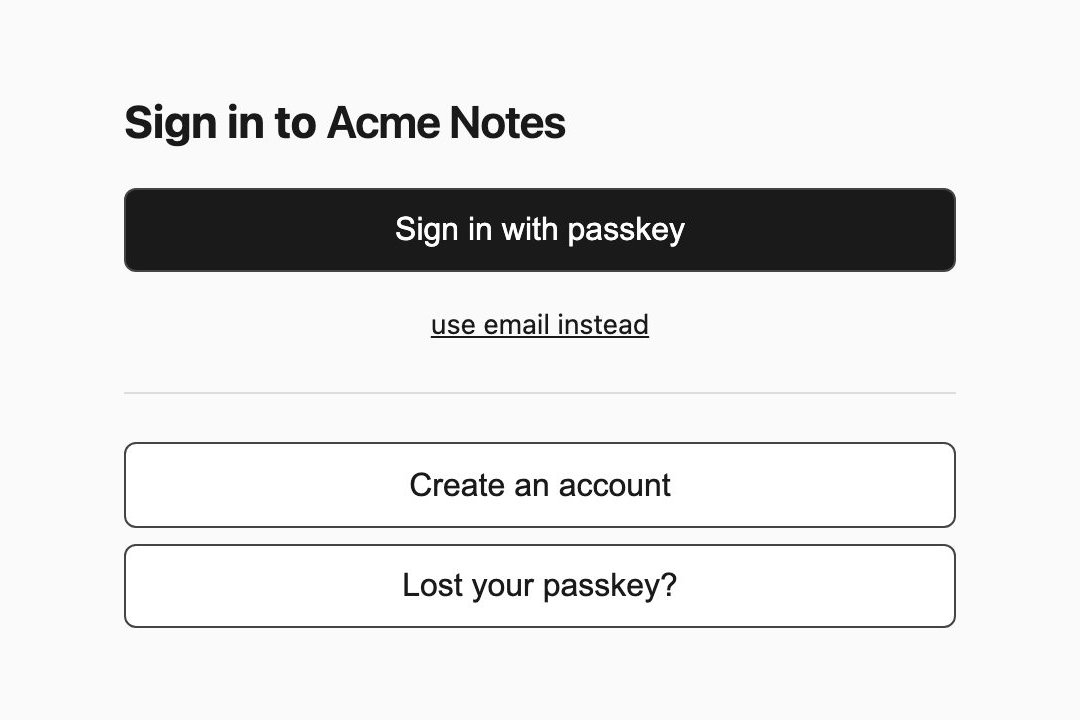 The Gatekeep sign-in page for an app called Acme Notes, with Sign in with passkey, Create an account and Lost your passkey? buttons