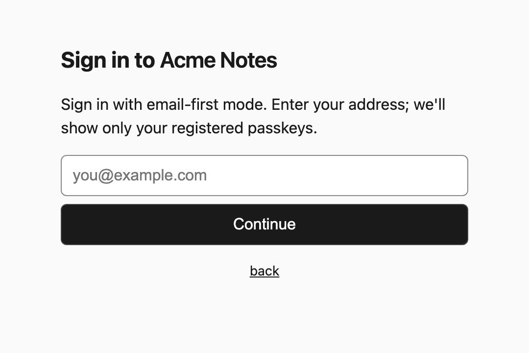 Email-first sign-in: enter your address and Gatekeep shows only the passkeys registered to it, with a Continue button and a back link